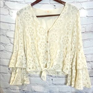 Chrysanthemum Cream Lace Tie-Front Blouse Ruffle Long Sleeves Size Small